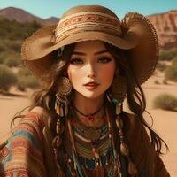 Photo of beautiful girl in desert hat on his head generative ai