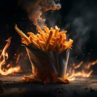 francés papas fritas envuelto en ardiente llamas generado por ai foto