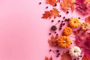 Autumn leaves and flowers. Autumn composition Dried leaves pumpkins flowers. AI Generated photo