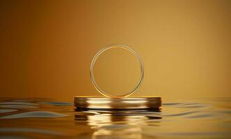 oro anillos flotante podio producto monitor fondo oro color. ai generado foto