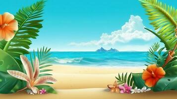 Beach with palm trees. Beautiful summer beach with tropical plants. AI Generated photo