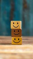 Dominoes on wooden background. Emoticon face on Wooden Cube. AI Generated photo