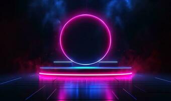 Background with glowing lights. Futuristic stage with neon light frame and podium. AI Generated photo