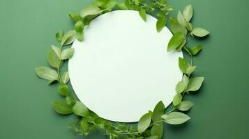 Wreath of green leaves. Green frame. Creative layout made of green leaves spring twigs. AI Generated photo