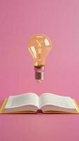 Book with light bulb. Lightbulb floating from open book on solid color background. AI Generated photo