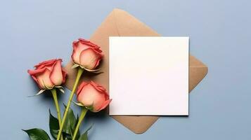 ramo de flores de rosas con blanco tarjeta. Bosquejo invitación blanco saludo tarjeta y flores ai generado foto