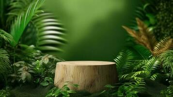 Tropical garden with pedestal for display. Wood podium in tropical forest for product presentation. generative ai photo