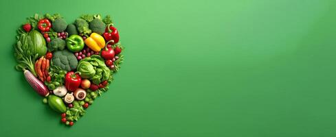 heart shape vegetable for healthy life banner wiht copy space isolated in green background photo