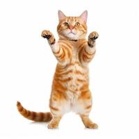 Funny dancing cat on white background. The cat stands on its hind legs in full height, as if dancing or drunk. Generative AI photo