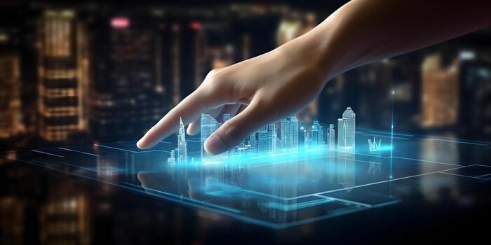 Human hand interacting with technological holograms. a man is touching a screen that has an icon, photo