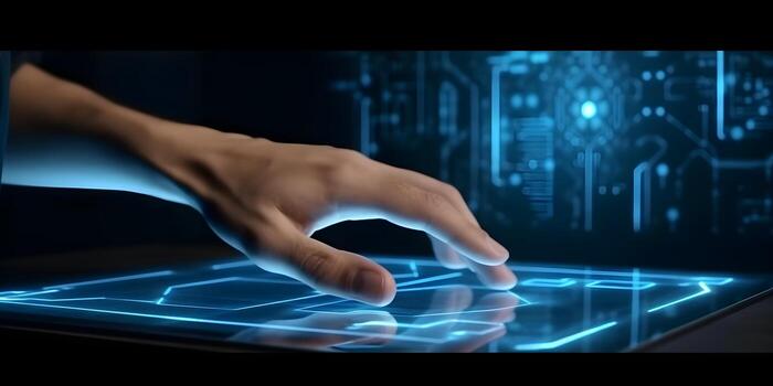 Human hand interacting with technological holograms. a man is touching a screen that has an icon, photo