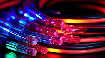 colored electric cables and led. optical fiber, intense colors, background for technology image and new business trends created photo