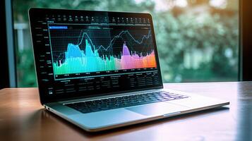 un ordenador portátil y analítico datos digital Arte creado con generativo ai tecnología foto