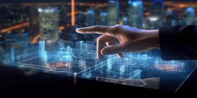 Human hand interacting with technological holograms. a man is touching a screen that has an icon, photo