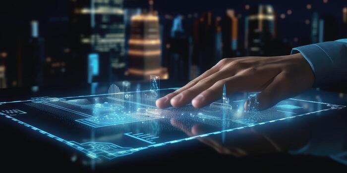 Human hand interacting with technological holograms. a man is touching a screen that has an icon, photo