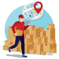 Courier delivery man Find location for sent parcel box with mobile phone fast online delivery service online ordering internet e-commerce ideas for website illustration vector