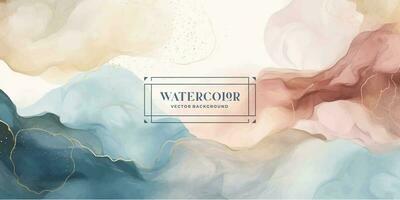 Watercolor art background vector. Wallpaper design with paint brush and gold line art. Earth tone blue, pink, ivory, beige watercolor Illustration for prints, wall art, cover and invitation cards. vector