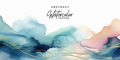 Watercolor art background vector. Wallpaper design with paint brush and gold line art. Earth tone blue, pink, ivory, beige watercolor Illustration for prints, wall art, cover and invitation cards. vector