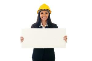 Portrait of mixed race asian smiling woman architect holding white board. Isolated portrait of woman engineer photo