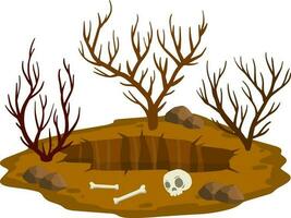 Big hole in ground. Brown dry soil and mine with skull. Human bone. vector