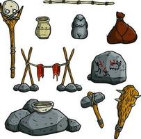 Set of items of primitive man and hunter. Weapons of caveman. Stone axe, hammer, club. Totem and wand of shaman. Lifestyle and tool. Cartoon illustration vector