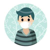 Man with medical mask on face. Protection from virus and disease. Young teenager in blue clothes. Coronovirus and pandemic. Logo in circle. Flat cartoon vector