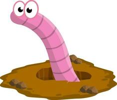 Worm in hole. Cute little character. Brown landscape. Children flat drawing. Pink insect in nature vector