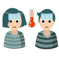 Temperature. Sick teen person. Treatment and medicine. Young man woman. Flat cartoon illustration. Patient with cold and virus. Red thermometer vector