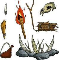 Set of items of primitive man and hunter. Weapons of caveman. Stone age club, trap, fire and animal skull. Totem and wand of shaman. Lifestyle and tool. Cartoon illustration vector