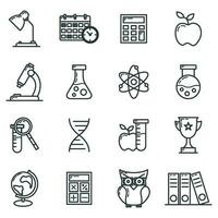 Concept set back to school icon, 16 stationery education item educational institution process, flat outline vector illustration, isolated on white.