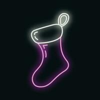 Concept christmas sock icon neon glow style, happy new year and merry christmas flat vector illustration, isolated on black, xmas holiday time.