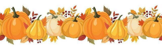 Colorful autumn color pumpkins, berries, and leaves horizontal seamless pattern. Isolated on white background. Seasonal fall banner design for greeting or promotion. vector