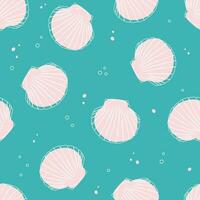 Rose seashells seamless pattern in green background. One line drawing of a shell. Hand drawn marine illustrations of seashells. Summer tropical ocean beach style vector