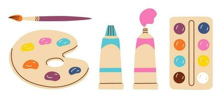 Painting tools elements vector set in cartoon style. Art supplies paint tubes, brushes, watercolor, palette.