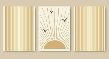 Beige sun with birds summer aesthetic illustration poster set vector