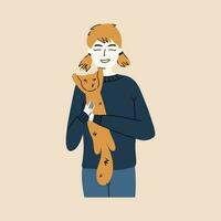 The concept of emotional support animal. The girl hugs her pet cat. Vector illustration in flat style.