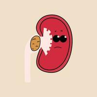 Sad kidney with stones inside. Vector illustration in flat style