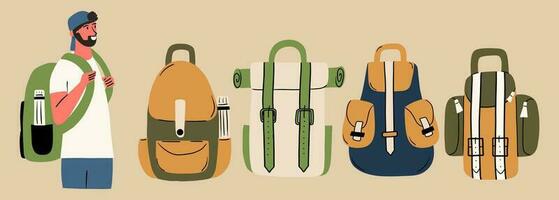 A set of different tourist backpacks. Vector illustration in hand drawn style.