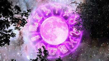 Super full pink moon and 12 zodiac sign border fire bolt effect rotate over silhouette branch tree on the space and carina nebula background video