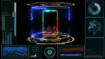 Solid state powerful battery in digital monitor laboratory and red blue energy loop and quick full charging video