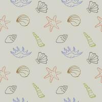 Seashells seamless repeating pattern  background, marine motif. Hand drawn sea shells in pattern for design, textile,web, wrapping paper, packaging design.Travel and leisure vector boho  illustration
