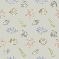 Seashells seamless repeating pattern  background, marine motif. Hand drawn sea shells in pattern for design, textile,web, wrapping paper, packaging design.Travel and leisure vector boho  illustration