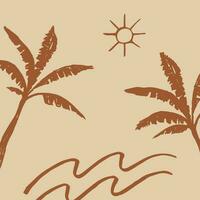 Tropical landscape background for banner, template, postcard, card, web, print, polygraph, label, template. Hand drawn vector backdrop illustration with palm trees waves, sun. Boho style marina motive