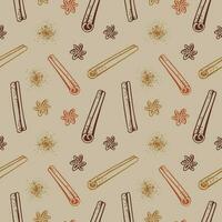 Cinnamon sticks bark seamless pattern. Hand drawn brown spice on decorative ornament. Rolled cinnamons spicy seasoning condiment. Aromatic ingredient for cooking, backing. Backdrop vector illustration