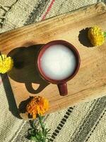 Mexican pulque, a refreshing drink from maguey, captured in a vibrant still life photo