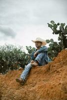 Cowboy under the vast sky, surrounded by cacti, working on a farm photo