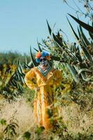 mexicano mujer en vistoso vestir y cráneo maquillaje en el mexicano Desierto foto