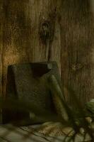 In the rustic kitchen, the wooden metate grinds corn, creating food and artistry photo