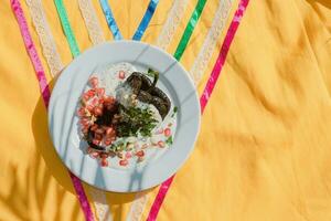 Chiles en Nogada A traditional Mexican dish with stuffed peppers, walnut sauce, and fruit garnish. photo