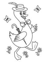 dibujos animados caminando pato, ganso en sombrero con sombrilla. colorante página para niños. vector